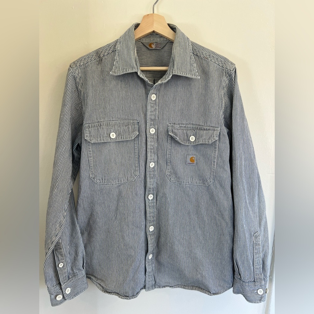 Vintage Carhartt Blue Striped Workwear Button-Up Shirt